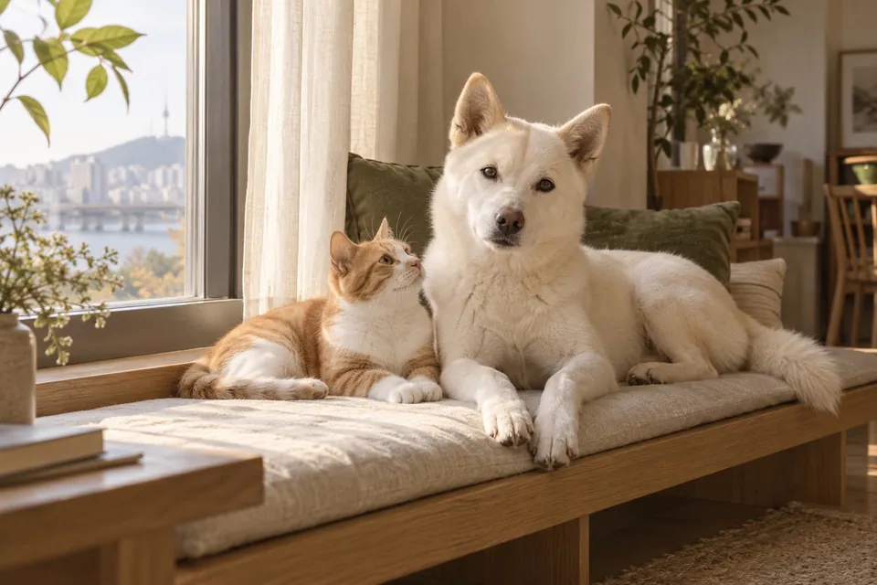 창가에서 쉬는 진돗개와 고양이